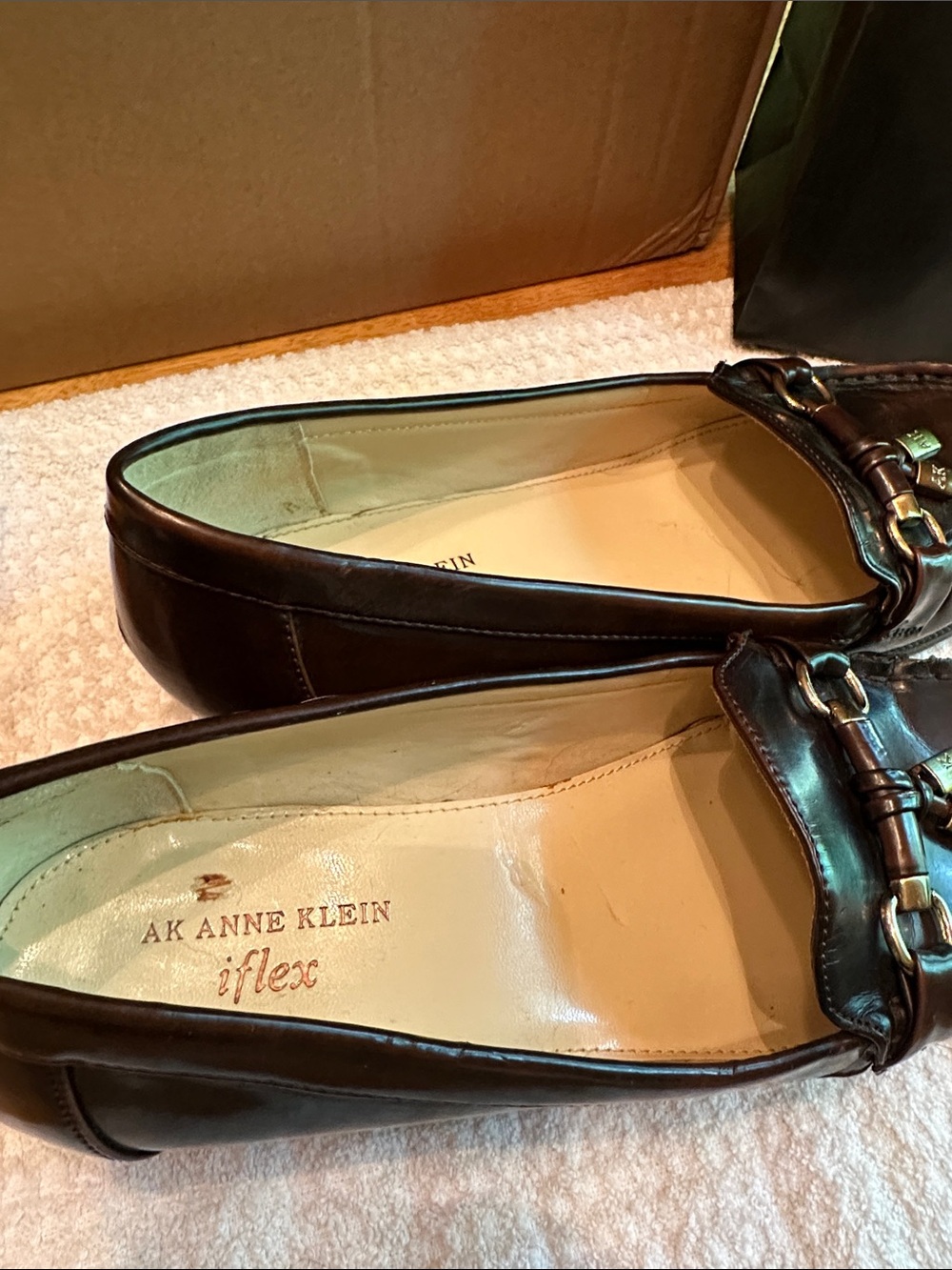 Anne Klein Dark Brown Leather Loafers with Gold Hardware - Picture 3 of 7